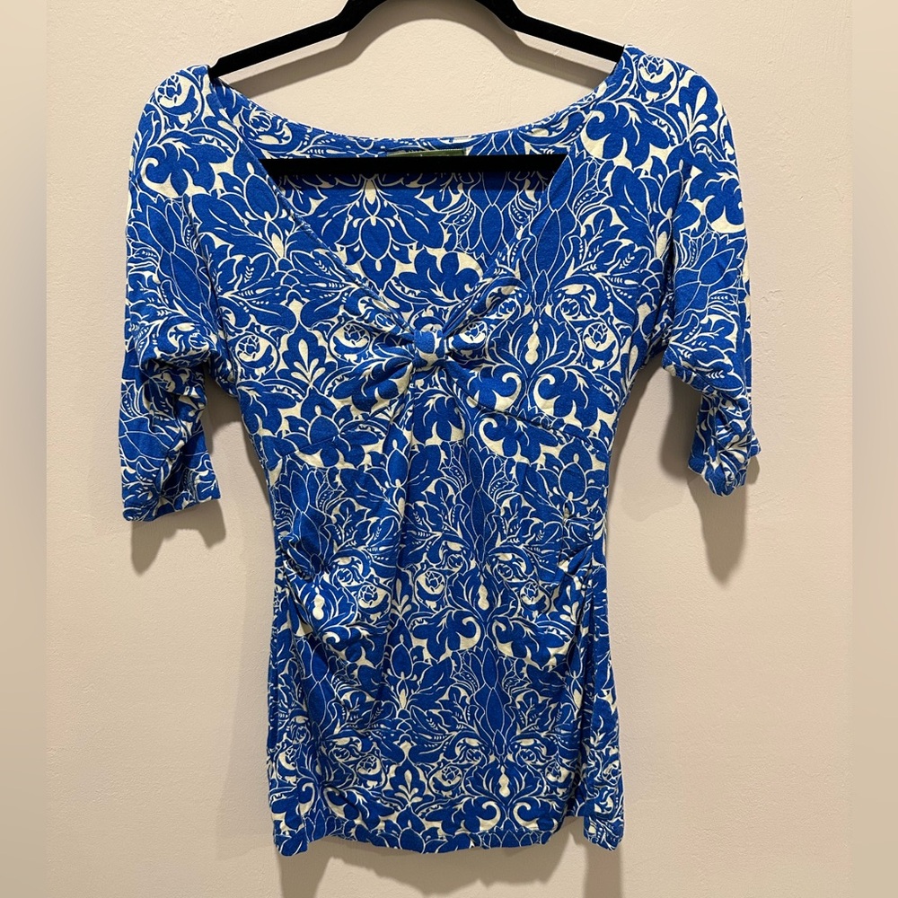 Velvet Blue and White Fitted Ruched Blouse